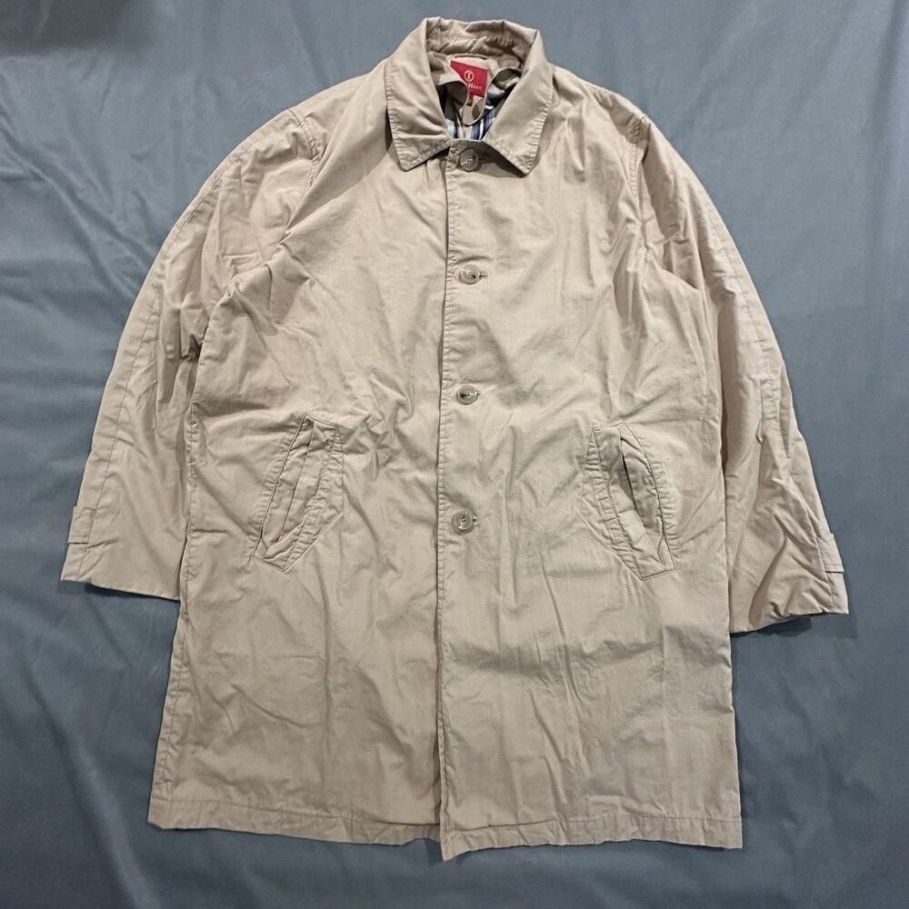 Cole Haan Trench Coat Mens L Beige Khaki Button Front Striped Lining Preppy